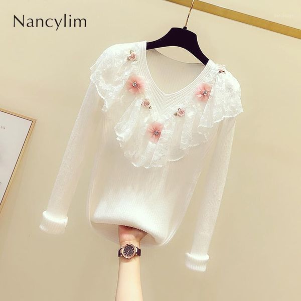 women's sweaters sweet lace ruffled small flowers v-neck long sleeve knit shirt slim sweater white jumper fall winter 20211, White;black
women's sweaters sweet lace ruffled small flowers v-neck long sleeve knit shirt slim sweater white jumper fall winter 20211, White;black