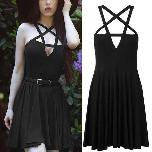 casual dresses women punk gothic sleeveless pentagram halter pleated large hem party mini dress, Black;gray
casual dresses women punk gothic sleeveless pentagram halter pleated large hem party mini dress, Black;gray