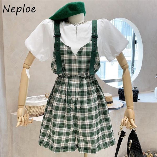 women's tracksuits neploe 2 piece set women vintage summer bubble woman bouse short-sleeved + high-waist plaid strap shorts two-piece s, Gray 
women's tracksuits neploe 2 piece set women vintage summer bubble woman bouse short-sleeved + high-waist plaid strap shorts two-piece s, Gray