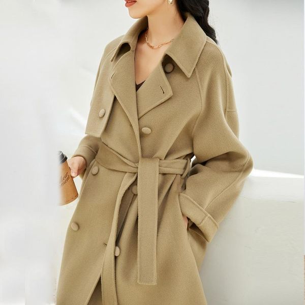 women's wool & blends temperament cashmere coat winter 2021 double row button long thin double-sided tweed, Black
women's wool & blends temperament cashmere coat winter 2021 double row button long thin double-sided tweed, Black