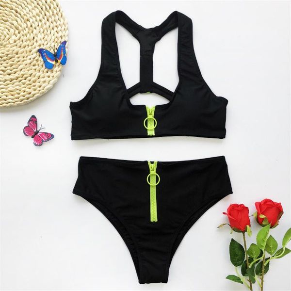 women's swimwear high waist zipper bikini women 2021 push up solid bathing suit two piece swimsuit summer beachwear, White;black
women's swimwear high waist zipper bikini women 2021 push up solid bathing suit two piece swimsuit summer beachwear, White;black