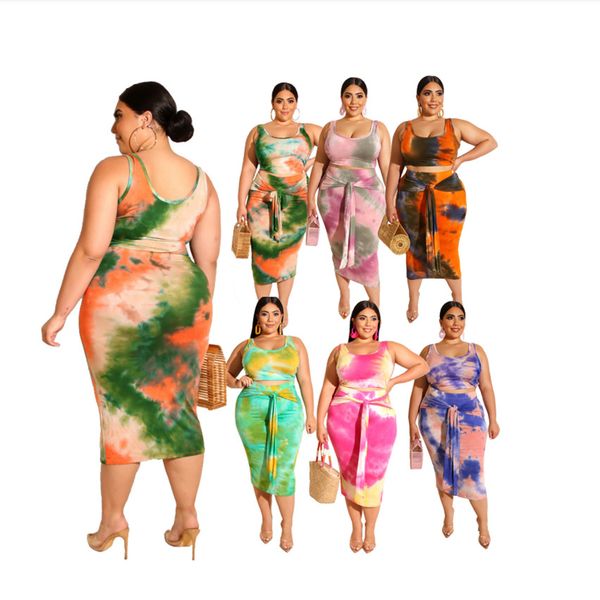 plus size 3xl 4xl 5x summer women dress two piece set sleeveless tank +bandange tie-dyes skirt 2pcs casual skirts suits 5389, Black