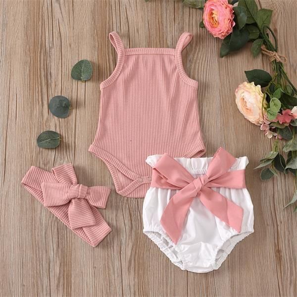 clothing sets summer baby 3-piece cotton soild waffee sleeveless jumpsuit + shorts hairband cute outfits e252 fy21, White