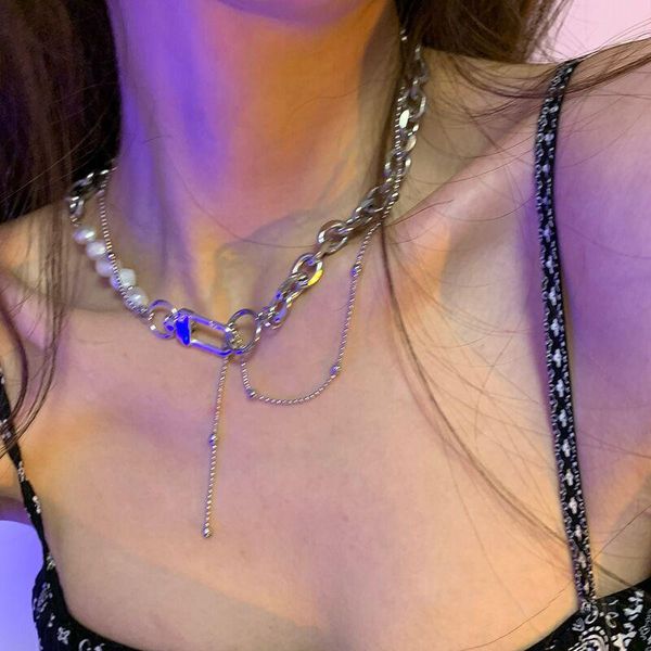 chains natural pearl necklace hip hop patchwork clavicle chain for women, Silver 
chains natural pearl necklace hip hop patchwork clavicle chain for women, Silver