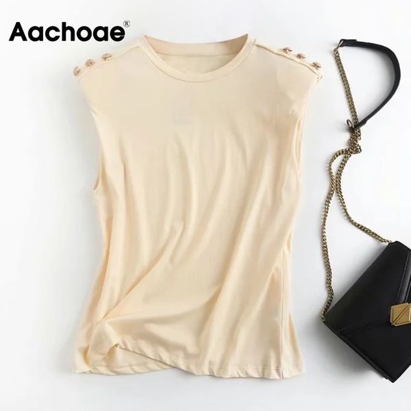 aachoae women solid color chic sleeveless tshirts with shoulder pads casual o neck summer female cotton t shirt 210413, White 
aachoae women solid color chic sleeveless tshirts with shoulder pads casual o neck summer female cotton t shirt 210413, White