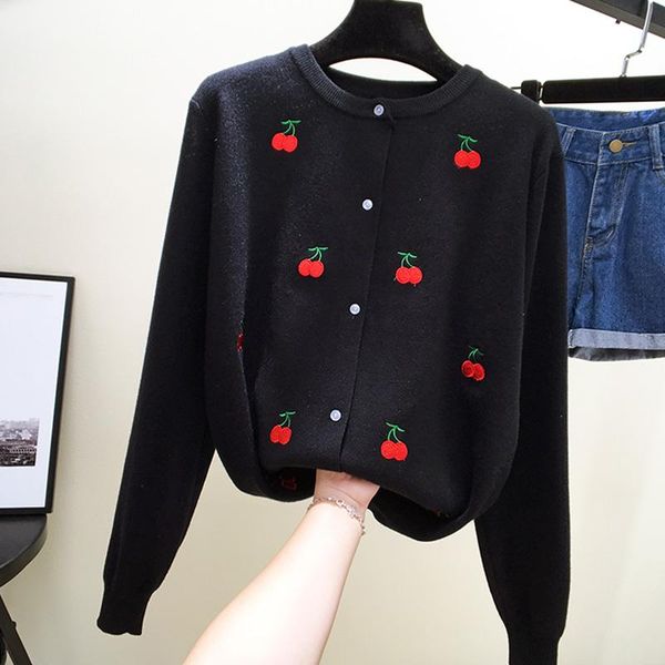 women's sweaters 2021 small sweater knitted cardigan jacket cherry embroidery sweet single breasted short style thin female, White;black
women's sweaters 2021 small sweater knitted cardigan jacket cherry embroidery sweet single breasted short style thin female, White;black