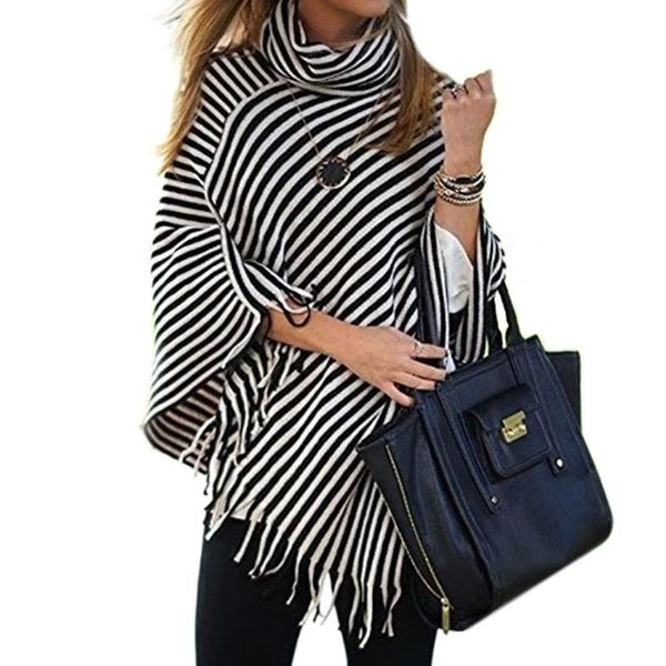 sweater women 2021 tassel stripes high collar cloak shawl european and american sweaters clothes vestidos mmy76018 women's, White;black
sweater women 2021 tassel stripes high collar cloak shawl european and american sweaters clothes vestidos mmy76018 women's, White;black