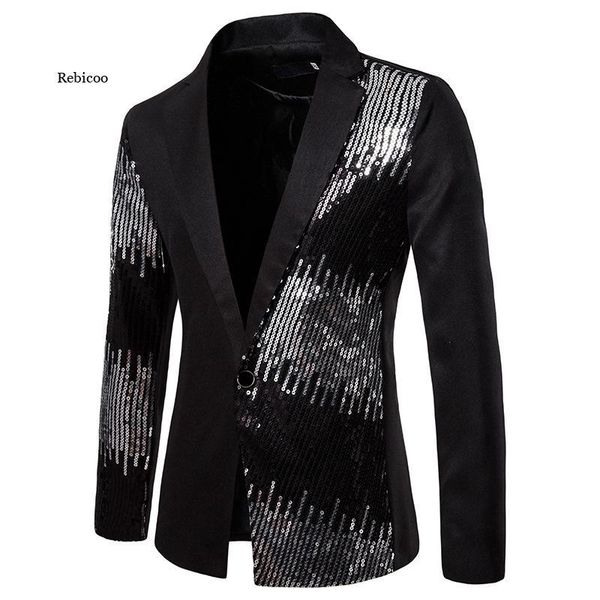 men's suits & blazers 2021 slim shiny black sequined blazer single button party, White;black
men's suits & blazers 2021 slim shiny black sequined blazer single button party, White;black