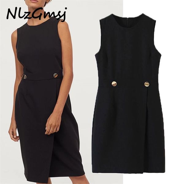 dres spring button tunic sleeveless back zipper office ladies midi 210628, Black;gray