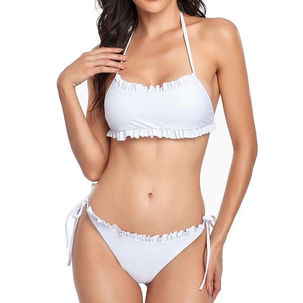 women's swimwear frill hem halter white bikini for push up swimsuit low waist high cut tie side micro bottom summer beach, White;black
women's swimwear frill hem halter white bikini for push up swimsuit low waist high cut tie side micro bottom summer beach, White;black