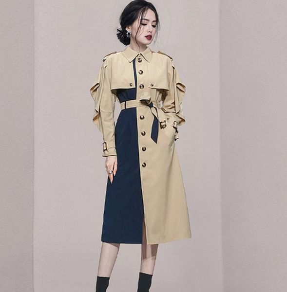 women's trench coats 2021 autumn winter patchwork female lace-up belted slim waist windbreaker long loose outerwear clothing, Tan;black
women's trench coats 2021 autumn winter patchwork female lace-up belted slim waist windbreaker long loose outerwear clothing, Tan;black