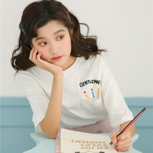 women's t-shirt spring 2021 summer ulzzang harajuku korean fashion personality sweet embroidered letter pencil pocket friends women, White
women's t-shirt spring 2021 summer ulzzang harajuku korean fashion personality sweet embroidered letter pencil pocket friends women, White