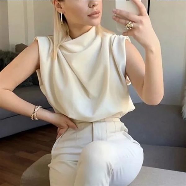 summer women's solid color temperament sleeveless high collar personalized tshirt office lady white khaki tshirts 210517
summer women's solid color temperament sleeveless high collar personalized tshirt office lady white khaki tshirts 210517
