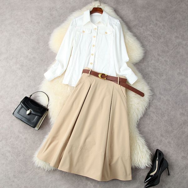 european and american women's wear new autumn 2022 long sleeve denim shirt pleated skirt with belt fashion suits, White
european and american women's wear new autumn 2022 long sleeve denim shirt pleated skirt with belt fashion suits, White
