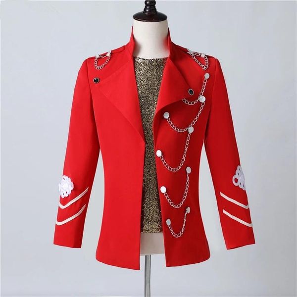 men's stand collar chain button red blazer bar nightclub punk singer guest stage show costume evening party host slim suits & blazers, White;black
men's stand collar chain button red blazer bar nightclub punk singer guest stage show costume evening party host slim suits & blazers, White;black
