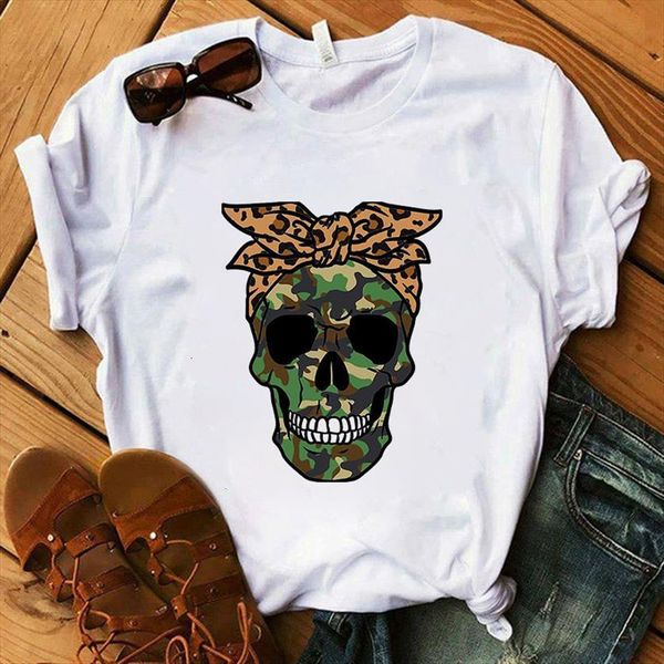 summer hipster skull print harajuku women short sleeve round neck lady, White