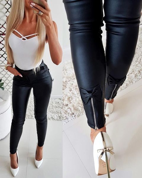 women pu zipper design bowknot detail pants high waist fitness pu legging push up slim pants chic pencil trousers 210415, Blue
women pu zipper design bowknot detail pants high waist fitness pu legging push up slim pants chic pencil trousers 210415, Blue