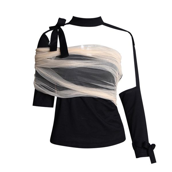 blouses t-shirt contrast irregular mesh knitted female slimming shirt lace, White
blouses t-shirt contrast irregular mesh knitted female slimming shirt lace, White