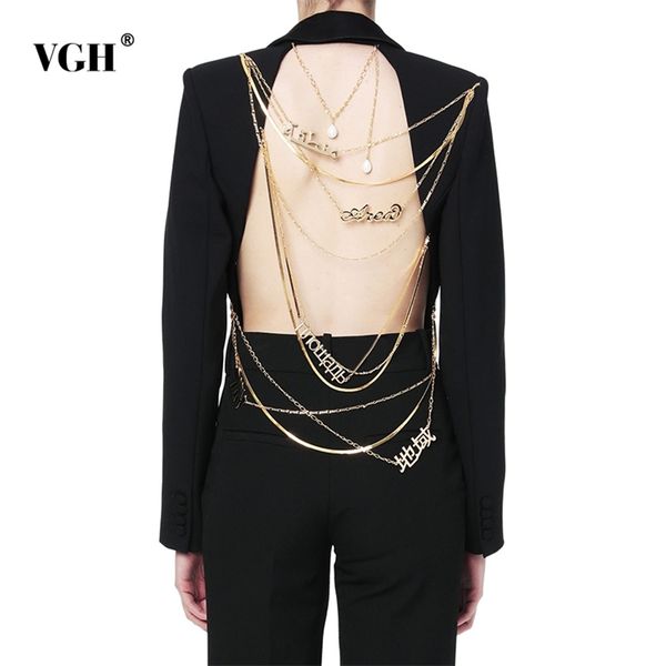 vgh asymmetric blazer for women notched collar long sleeve backless sequined chains designer coats female fashion 211006, White;black
vgh asymmetric blazer for women notched collar long sleeve backless sequined chains designer coats female fashion 211006, White;black
