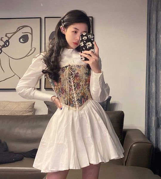 vintage casual white stand collar shirt dress women mini + floral embroidered camisole fashion elegant dress sets matching 210610
vintage casual white stand collar shirt dress women mini + floral embroidered camisole fashion elegant dress sets matching 210610