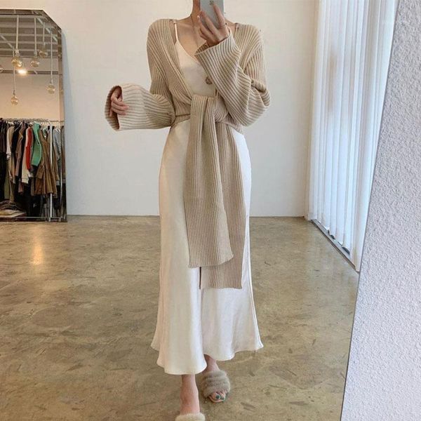women's tracksuits autumn winter 2 piece set chic loose drawstring knitted sweaters women + high waist sling dress french style suit, Gray
women's tracksuits autumn winter 2 piece set chic loose drawstring knitted sweaters women + high waist sling dress french style suit, Gray