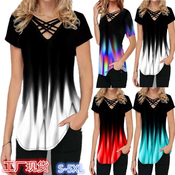 2021 women's new gradient printing fashion casual short sleeve v-neck t-shirt, White
2021 women's new gradient printing fashion casual short sleeve v-neck t-shirt, White