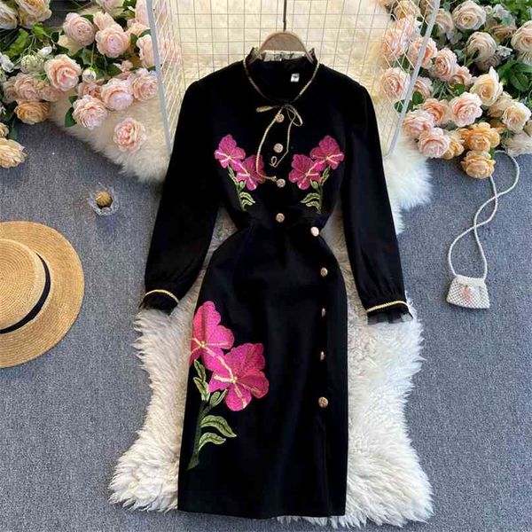 women spring fashion stand collar long sleeve embroidery flower single breasted split a-line dress elegant vestidos r247 210527, Black;gray
women spring fashion stand collar long sleeve embroidery flower single breasted split a-line dress elegant vestidos r247 210527, Black;gray