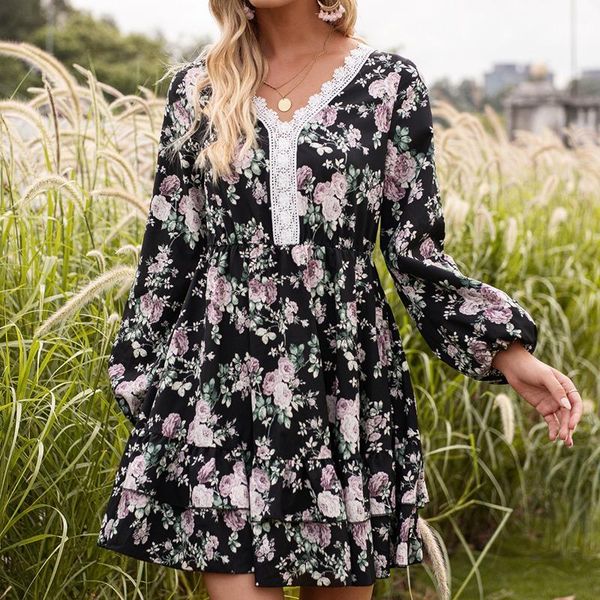 casual dresses lace v-neck floral print women dress long sleeve elastic waist female a-line sweet ruffled, Black;gray
casual dresses lace v-neck floral print women dress long sleeve elastic waist female a-line sweet ruffled, Black;gray
