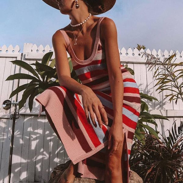 casual dresses women\u2021s suspender dress fashion stripe knitted hollow slim sleeveless fit split mid-length summer 2021, Black;gray
casual dresses women\u2021s suspender dress fashion stripe knitted hollow slim sleeveless fit split mid-length summer 2021, Black;gray