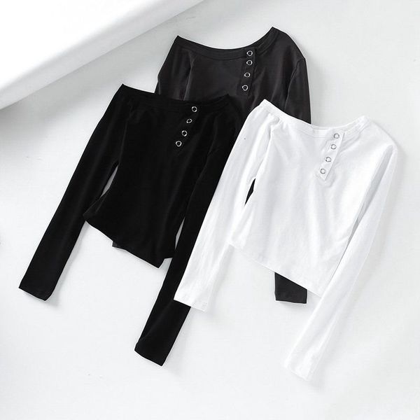 t shirt 2021 fashion personality slant collar long sleeve single breasted solid color slim off the shoulder female asymmetric top, White
t shirt 2021 fashion personality slant collar long sleeve single breasted solid color slim off the shoulder female asymmetric top, White