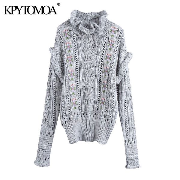women fashion embroidery ruffled loose knitted sweater vintage high neck long sleeve female pullovers chic 210420, White;black
women fashion embroidery ruffled loose knitted sweater vintage high neck long sleeve female pullovers chic 210420, White;black
