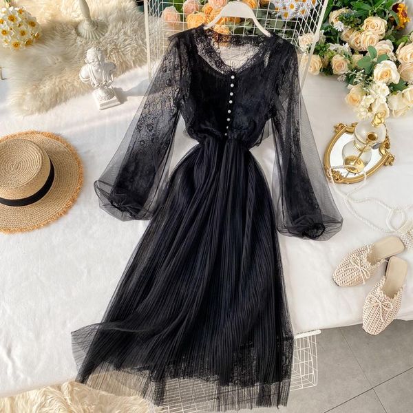 casual dresses women puff sleeve v-neck pleated pearl bead button mesh gauze tulle ruffles dress elastic embroidery lace flower slim midi, Black;gray
casual dresses women puff sleeve v-neck pleated pearl bead button mesh gauze tulle ruffles dress elastic embroidery lace flower slim midi, Black;gray