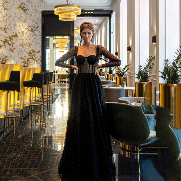 party dresses black dot prom long sleeves a line sweetheart square neck evening dress floor length tulle night wedding, White;black
party dresses black dot prom long sleeves a line sweetheart square neck evening dress floor length tulle night wedding, White;black
