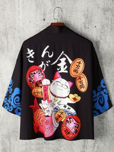 men cartoon and japanese letter graphic drop shoulder open front kimono without tee w8im#, White;black
men cartoon and japanese letter graphic drop shoulder open front kimono without tee w8im#, White;black