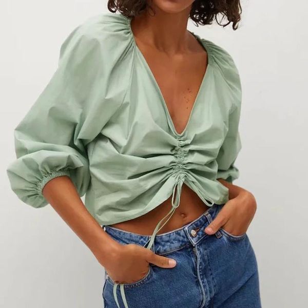 women's blouses & shirts 2021 women deep v neck and chic puff sleeve wrinkle female light green vintage clothing, White
women's blouses & shirts 2021 women deep v neck and chic puff sleeve wrinkle female light green vintage clothing, White