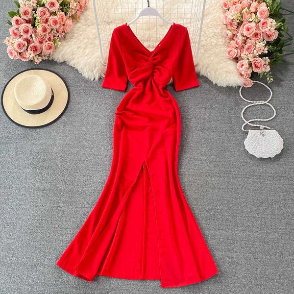 red/black party long dress summer women elegant v-neck short sleeve high waist split bodycon vestidos female casual 2021 y0603, Black;gray
red/black party long dress summer women elegant v-neck short sleeve high waist split bodycon vestidos female casual 2021 y0603, Black;gray