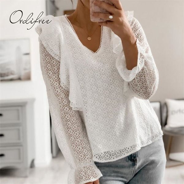 summer white lace ruffle blouse shirt long sleeve hollow out v neck women 210513
summer white lace ruffle blouse shirt long sleeve hollow out v neck women 210513