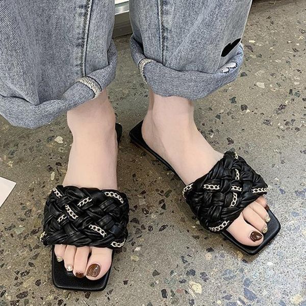 rimocy 2021 gold chain woven flat slippers for women summer outdoor square toe sandals mujer non slip beach flip flop lady, Black
rimocy 2021 gold chain woven flat slippers for women summer outdoor square toe sandals mujer non slip beach flip flop lady, Black