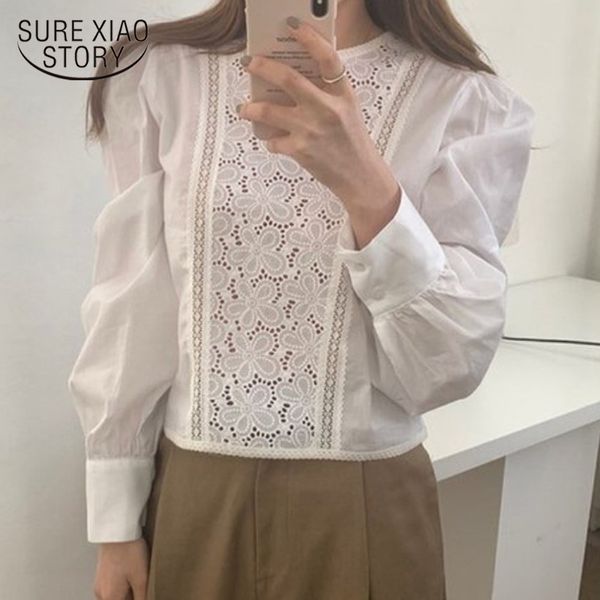 office o neck floral blouse fashion hollow out lantern sleeve female shirt spring white women shirts clothing 13271 210415