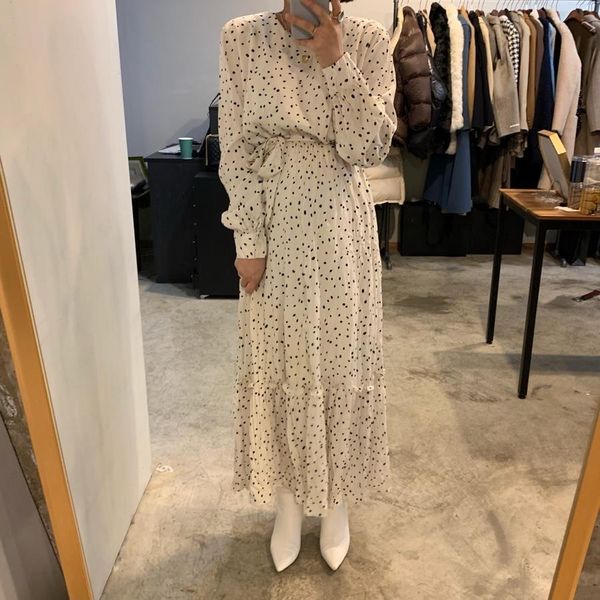 women spring dress polka dot round collar high waist long sleeve ruffle hem lacing dresses slim fit french ankle length, Black;gray
women spring dress polka dot round collar high waist long sleeve ruffle hem lacing dresses slim fit french ankle length, Black;gray