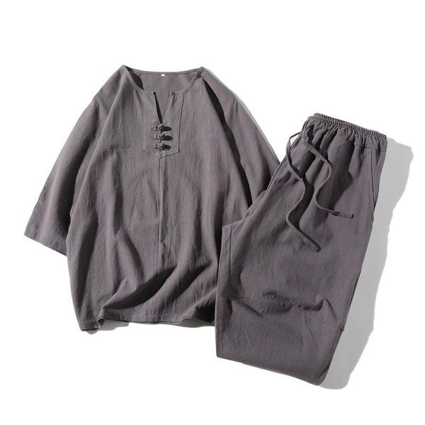 men's tracksuits 2021 style tang suit linen short-sleeved seven-point sleeve set cotton and loose t-shirt casual two-piece, Gray
men's tracksuits 2021 style tang suit linen short-sleeved seven-point sleeve set cotton and loose t-shirt casual two-piece, Gray
