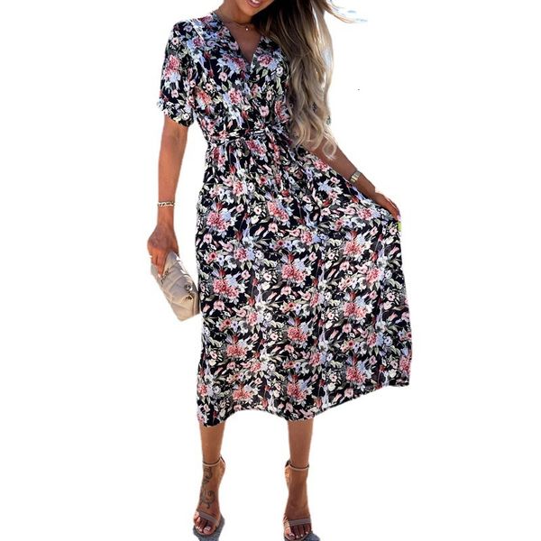 2021 summer v-neck belt tie print mid length s, Black;gray 
2021 summer v-neck belt tie print mid length s, Black;gray