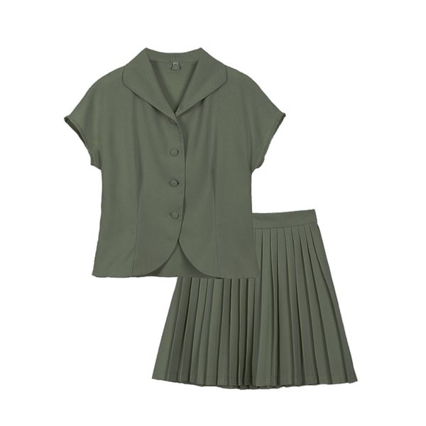 green solid turn dwon collar short sleeve single-breasted mini pleated skirt two piece set t0406 210514, White
green solid turn dwon collar short sleeve single-breasted mini pleated skirt two piece set t0406 210514, White