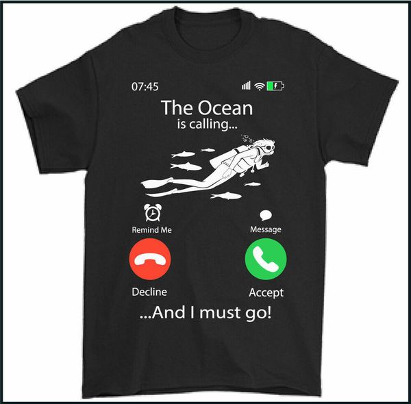 scuba diving t-shirt, diver deep sea equiptment the ocean is calling phone, White;black
scuba diving t-shirt, diver deep sea equiptment the ocean is calling phone, White;black