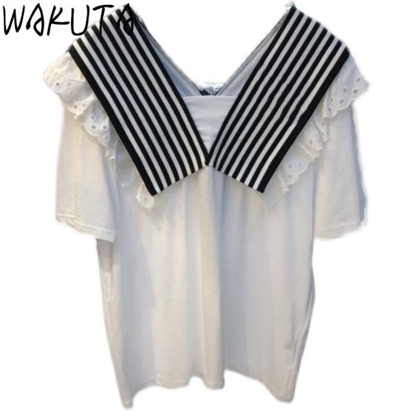 women's t-shirt wakuta 2021 striped lace v neck short-sleeved tshirts women korean style daily trendy loose all match summer, White
women's t-shirt wakuta 2021 striped lace v neck short-sleeved tshirts women korean style daily trendy loose all match summer, White