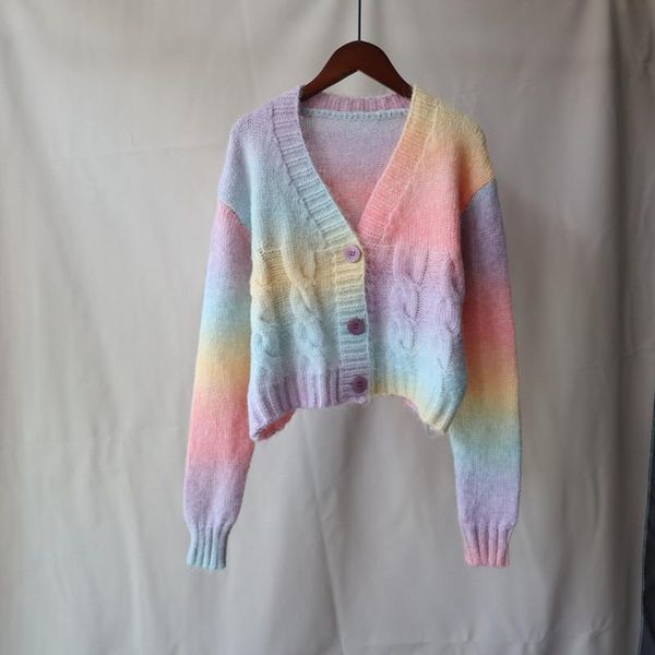 women's knits & tees 2021 autumn and winter gradient rainbow color knitted cardigan short floose sweater, White
women's knits & tees 2021 autumn and winter gradient rainbow color knitted cardigan short floose sweater, White