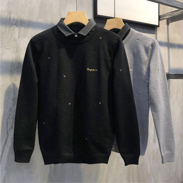 men's sweaters 2021 spring autumn fake two pieces sweater casual lapel collared shirt long sleeve men basic knitted pullovers e149, White;black
men's sweaters 2021 spring autumn fake two pieces sweater casual lapel collared shirt long sleeve men basic knitted pullovers e149, White;black