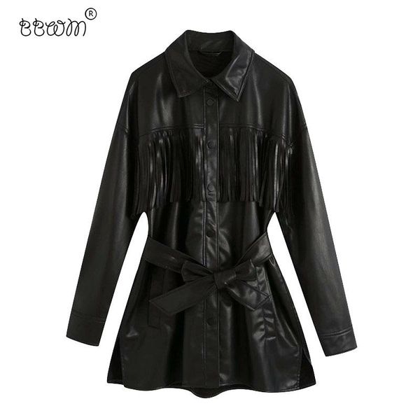 women's leather & faux tide women tassel jacket with belt vintage long sleeve snap-button coat female chic outerwear, Black
women's leather & faux tide women tassel jacket with belt vintage long sleeve snap-button coat female chic outerwear, Black