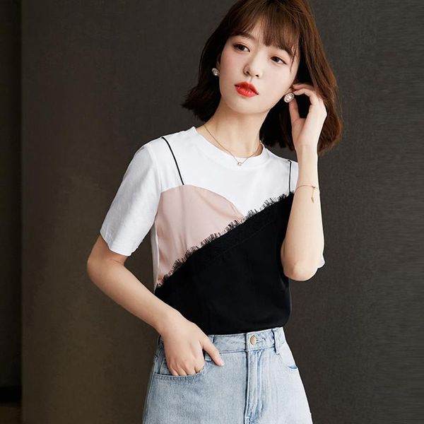 shirt women round neck fake two pieces splicing lace t-shirt summer plus size women's, White
shirt women round neck fake two pieces splicing lace t-shirt summer plus size women's, White