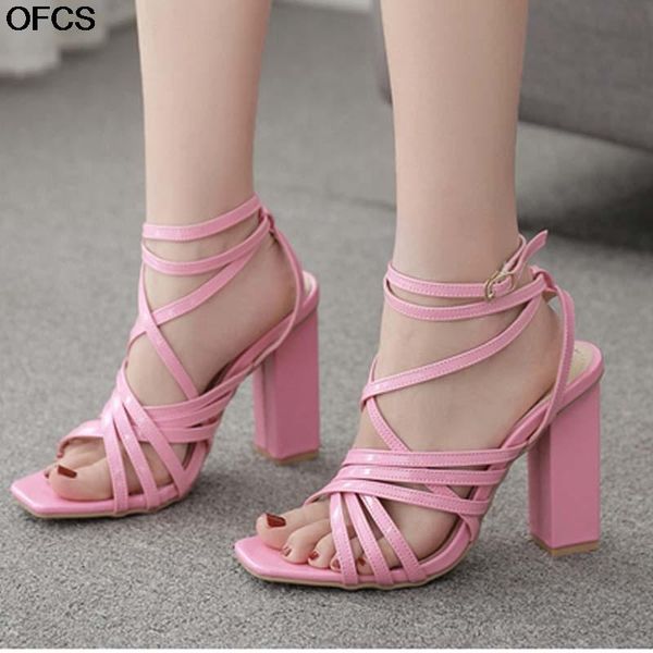 sandals women square toe thick heel anklet buckle strap fashion pu leather cross high shoes, Black